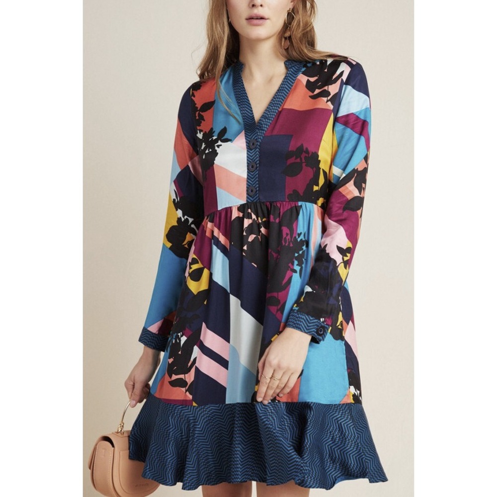Anthropologie x Maeve Gillian Abstract Shirtdress Blue Black Shirt Dress LS XS - Picture 15 of 15